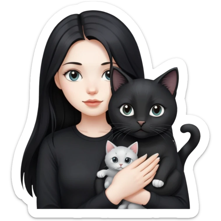 beautiful girl with long black hair wearing a black shirt holding a silver-colored cat sticker