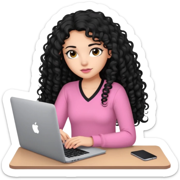 a girl typing mac book with long black curly hair and brown eyes with black eyeliner, pink shirt sticker