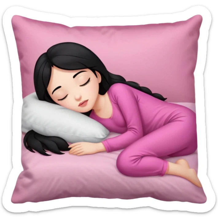 Sleeping on the pillow in bed, beauty hot and pretty Pale girl with medium high black hair wearing sexy pink sleepwears sticker