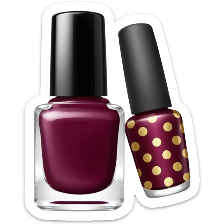 burgundy nail polish bottle, nail polish has light gold iridescence, cap is black with white polka dots, cinematic emoji sticker