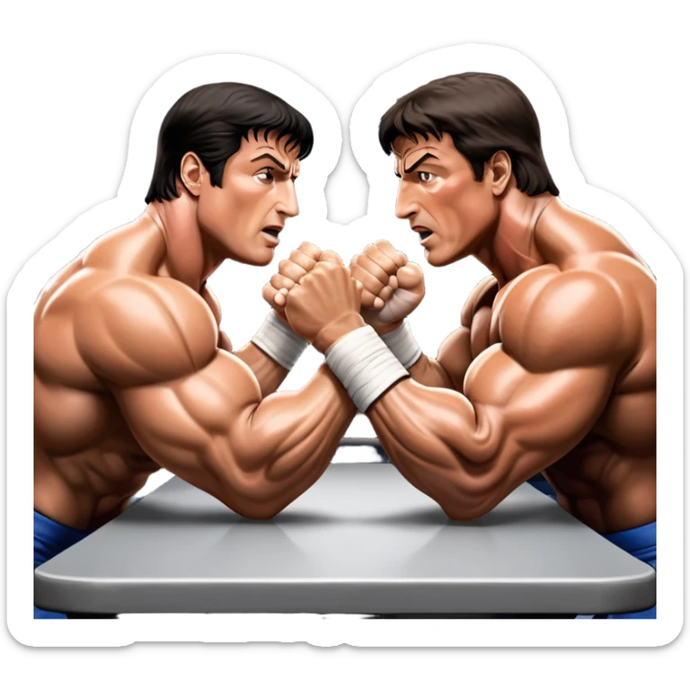 Iconic scene from the movie Over the Top, featuring Sylvester Stallone in a fierce arm wrestling match, symbolizing powerlifting. Stallone flexes his muscles while gripping the arm of his opponent, the intense battle for strength showcased with dramatic lighting. Transparent background. sticker