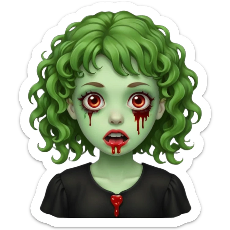 Green zombie emoji girl with curly Brown hair, with curly bangs, wearing a black bluse, blood Just in the tongue sticker