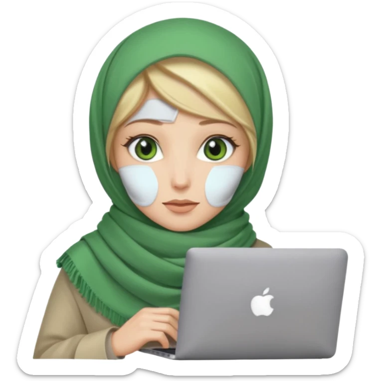 blond women skine , with green eyes , with scarf hijab . with macbook sticker