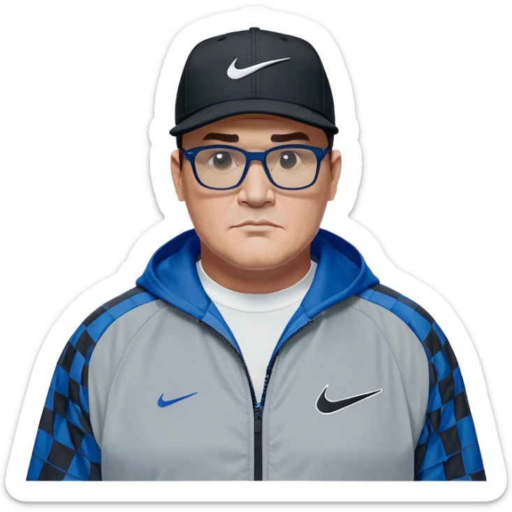 50-year-old heavyset man with very wide face and prominent square jawline wearing a black Nike baseball cap with visible Nike swoosh logo. Large dark square glasses. Serious-relaxed expression. Light gray jacket that fits his larger frame, white shirt with blue checkered pattern. sticker