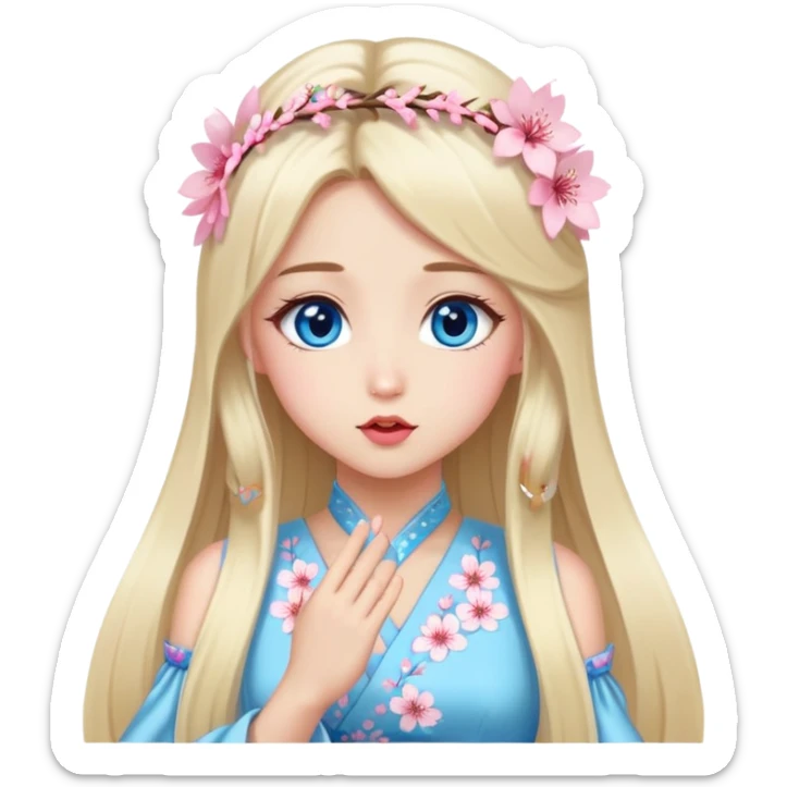 Turkish Girl with long blond hair with sakura accessories on her hair with a long tailed sakura dress on the ground and have blue eyes with beautiful finish and she sending lovely kisses  sticker