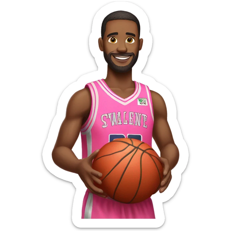 An emoji of a man wearing a pink basketball jersey and holding a pink basketball. sticker