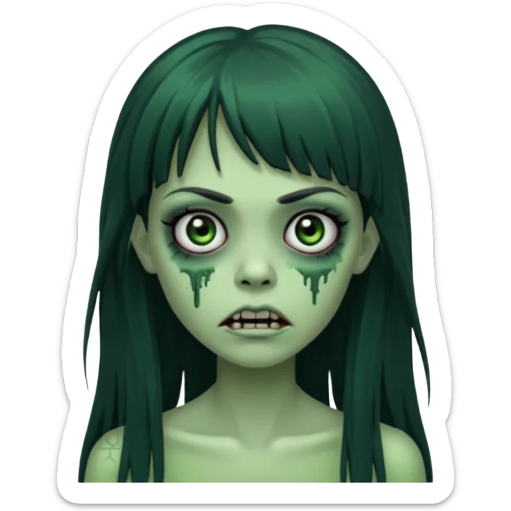 queria um emoji de zumbi verde de uma garota, olhos pretos, cabelos escuros e longos, com uma franja acima da sobrancelha  sticker