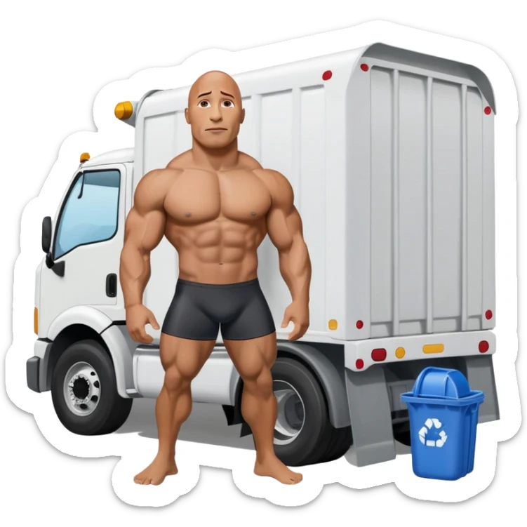 Dwayne the rock Johnson in speedo in front of trash truck sticker