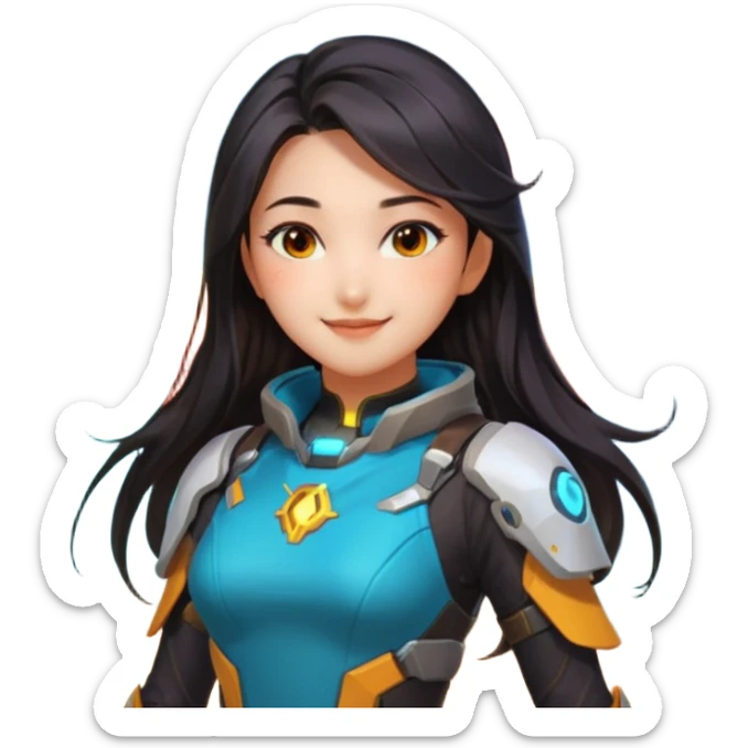 emojis.com an-asian-girl-with-dark-long-hair-and-dark-eyes,-wearing-futuristic-clothes-like-mercy-from-overwatch,-has-her-wings.-on-the-background-is-nebula-of-yellow,-orange,-red-and-turquoise-colours.-she's sticker