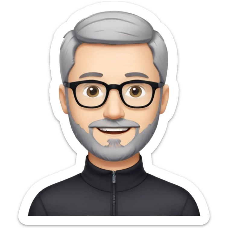 Caucasian man with very short cropped black hair, short beard with noticeable gray hairs, large black eyeglasses, cheerful expression, black athletic long sleeve shirt with quarter zip collar sticker
