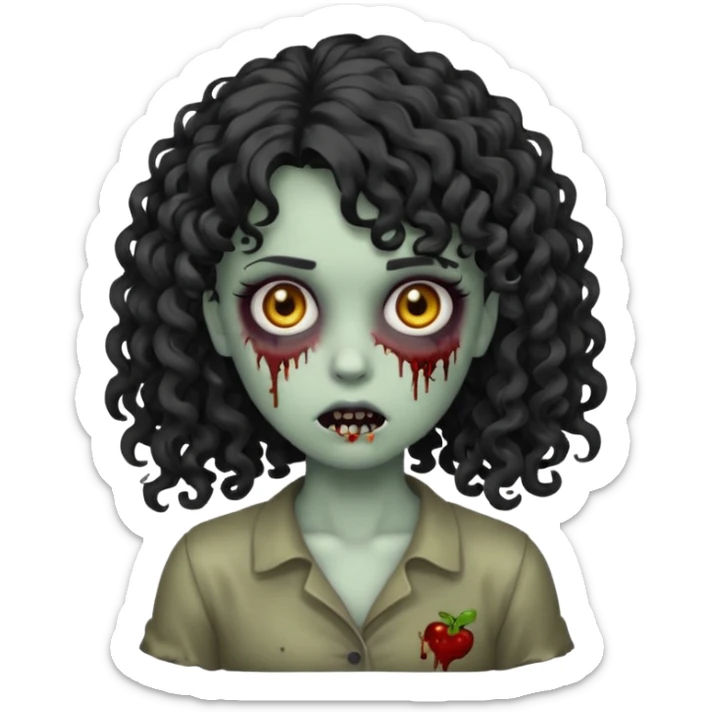 Emoji garota zombie sem ferimentos no rosto com cabelo preto cacheado longo com franja cacheada sem volume sticker