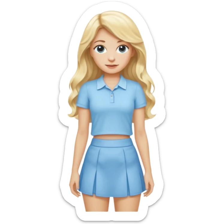 blonde woman with long wavy hair in baby blue mini skirt and matching shirt sticker