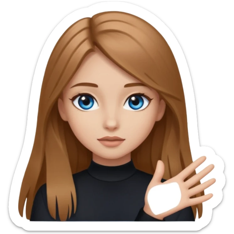 A girl with makeup, long light brown hair, blue eyes, with her palm up. with black clothes sticker