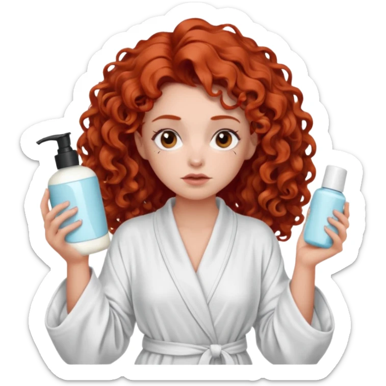 Cartoon emoji of a girl with voluminous curly red hair, fair skin, brown eyes. Wearing a chic milky silk robe with long sleeves, no makeup. Portrait mode, holding 2 moisterizers or different skin care products, looking super doubtful twisted and unsure. she is miserab;e sticker