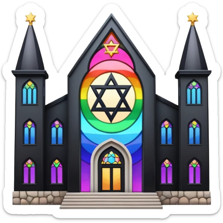 jewish synagogue temple in dark goth aesthetic style with black building and rainbow tint glass windows and star of david sticker