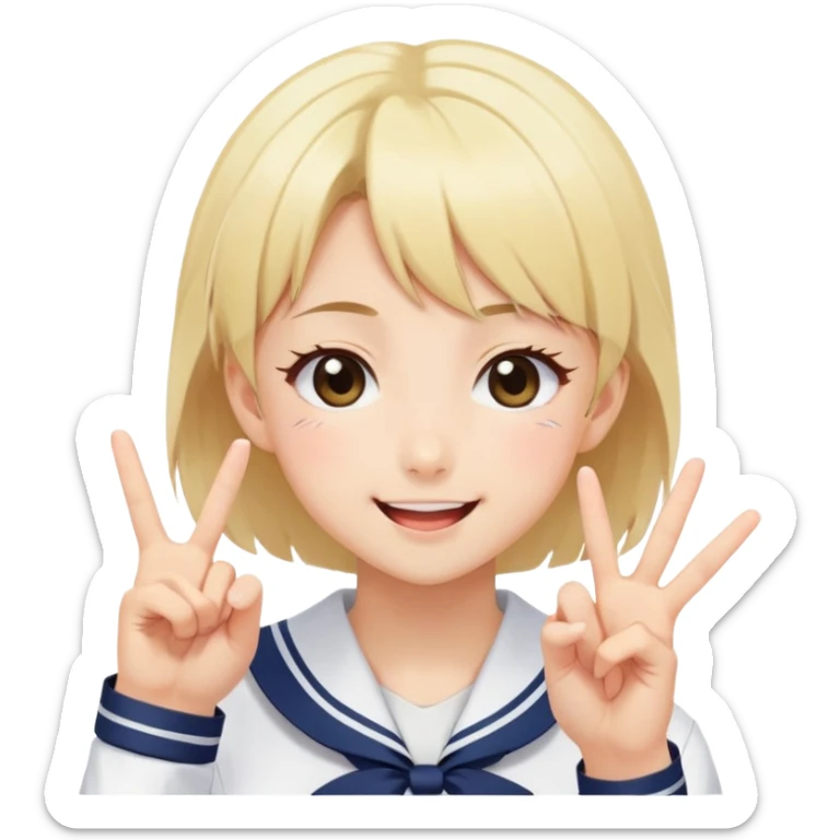 Energetic anime girl with short blonde hair wearing Japanese sailor style school uniform, winking and making double peace signs, very cheerful and bubbly, kawaii style sticker