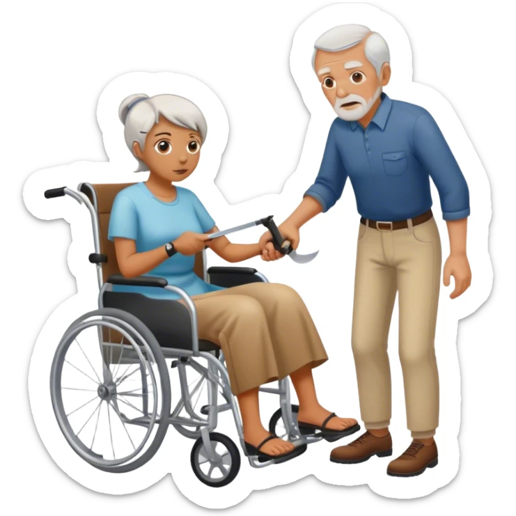 Woman with a knife in one hand, pushing with the other a wheelchair with an old man sticker