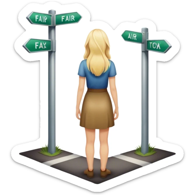 back of blonde woman stands In front at a crossroads between two paths—one illuminated, the other in shadow... scary and light  sticker