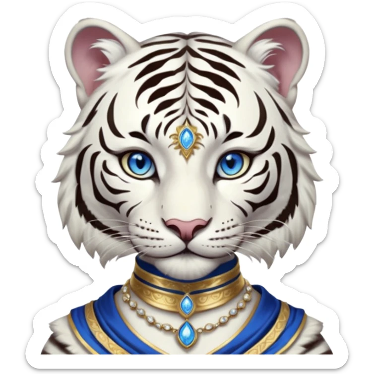 ESO Female white tiger khajiit leader of the umbral rose, blue eyes, blue 'third eye' gem, something symbolizing leadership ruling sticker
