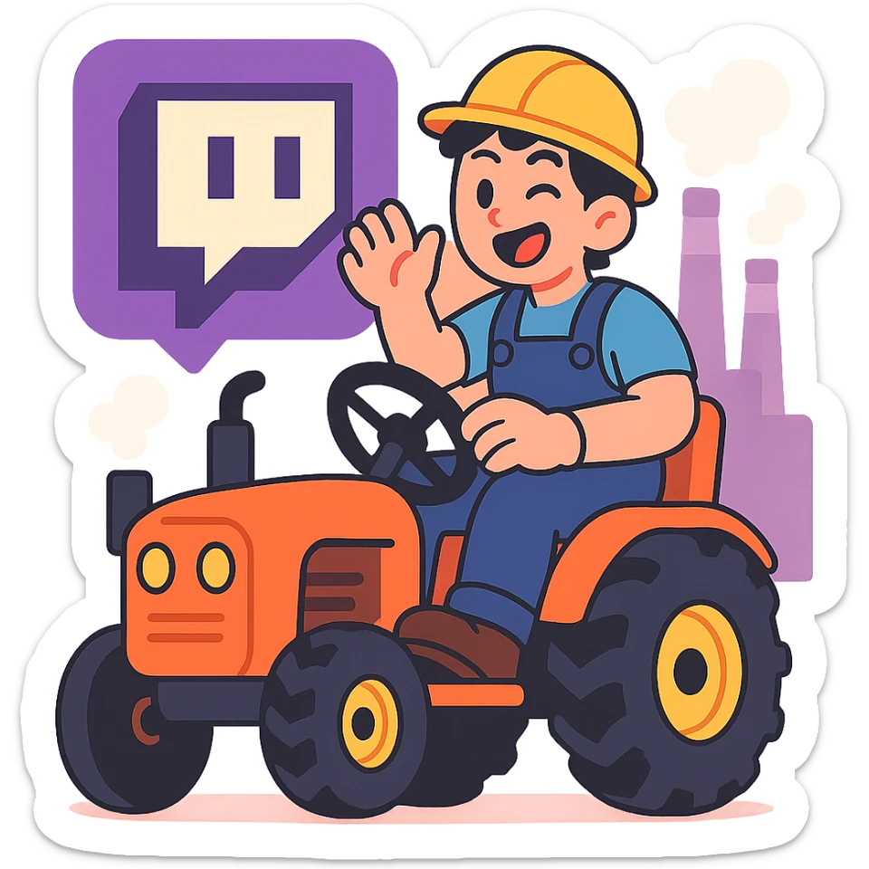 Twitch logo with a factory worker operating a tractor, vibrant colors, anime-inspired style sticker