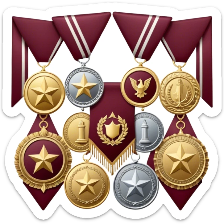 Icon for Collecting Orders, Medals & Badges: a variety of medals, orders, and badges displayed on a large maroon pennant with fringed edges. The icon should convey the prestige and historical value of these collectibles. Transparent background. sticker