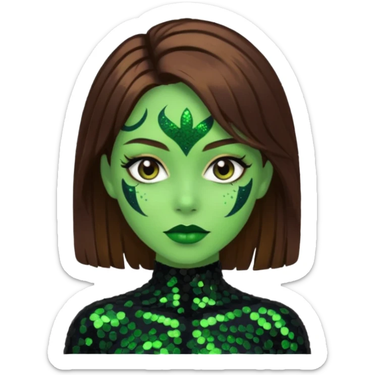 The Wicked Witch from Oz with green skin, brown hair, black sequin outfit sticker