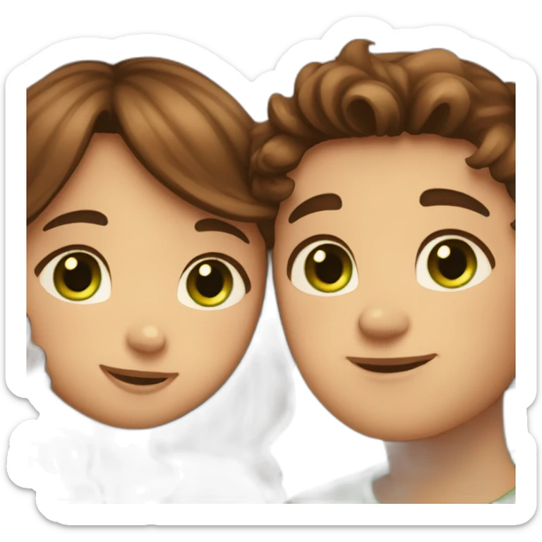 Girl with brown eyes and brown hair kisses boy with brown hair and green eyes and hugs brown fat cats sticker