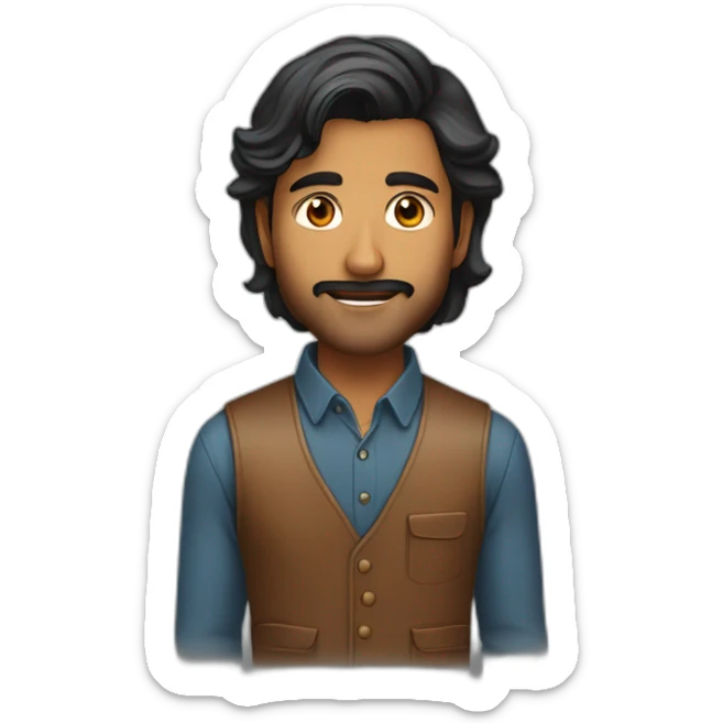 Indian man in his 20s with a light beard thicker near the chin and stylish hair which is long on one side covering the top of the ear sticker