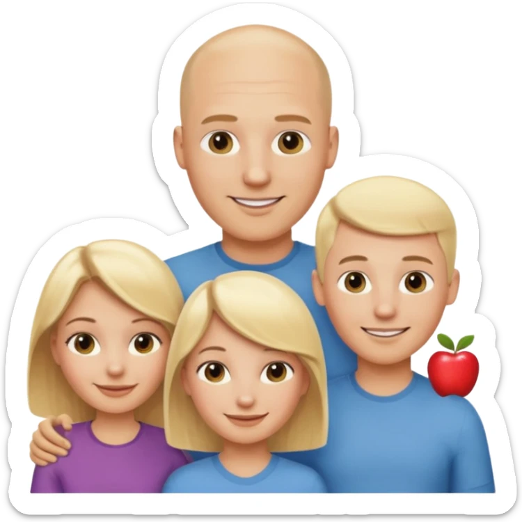 a caucasian family with a bald man, a blonde woman, two blonde girls and one blonde boy, apple style emoji sticker