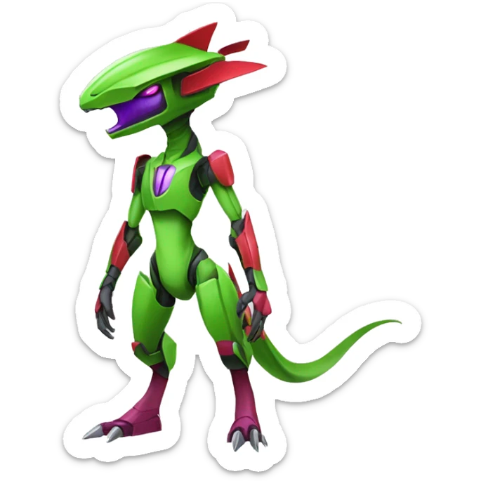 a purple-green-red Genesect-Raptor-Fakémon—hybrid with a futuristic visor-helmet full body sticker
