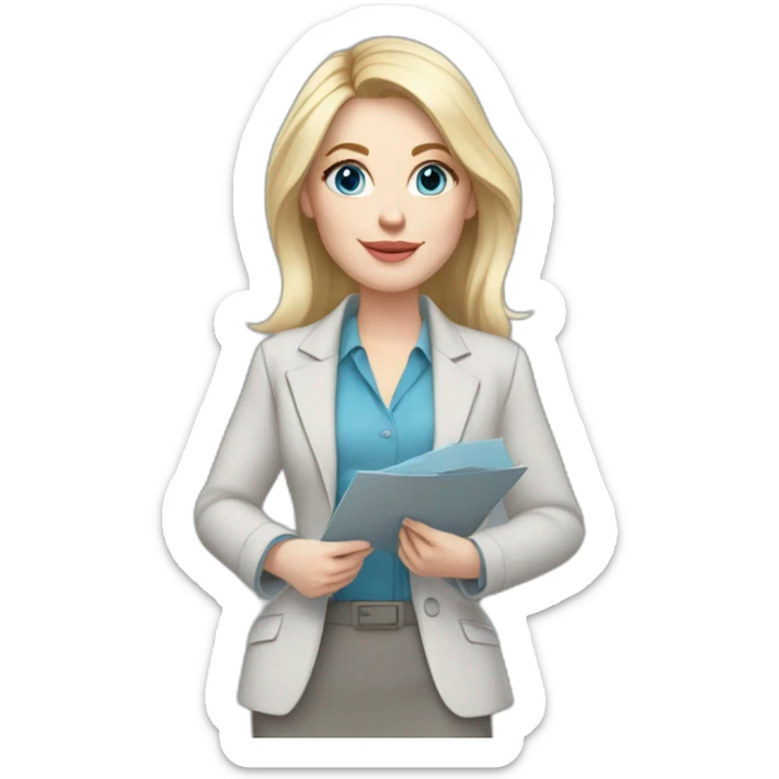 pale skin woman interior designer with cold blonde middle length hair, blue eyes, White blouse, Gray oversize jacket, Gray skirt holding a color palette in the hands sticker