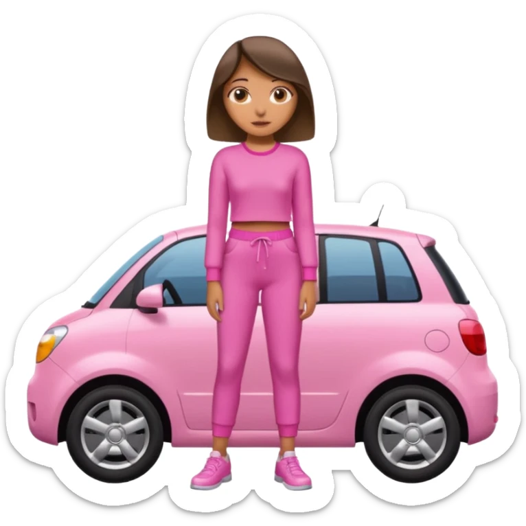 Create me a emoji girl with brown eyes in a pink outfit leaning on a car full body sticker