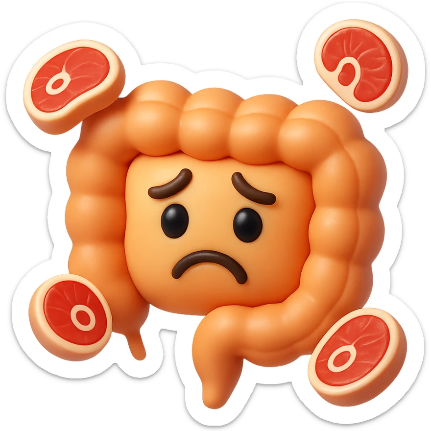 emoji stile iphone in 3d di un intestino triste con fette di carne che gli fluttuano intorno sticker