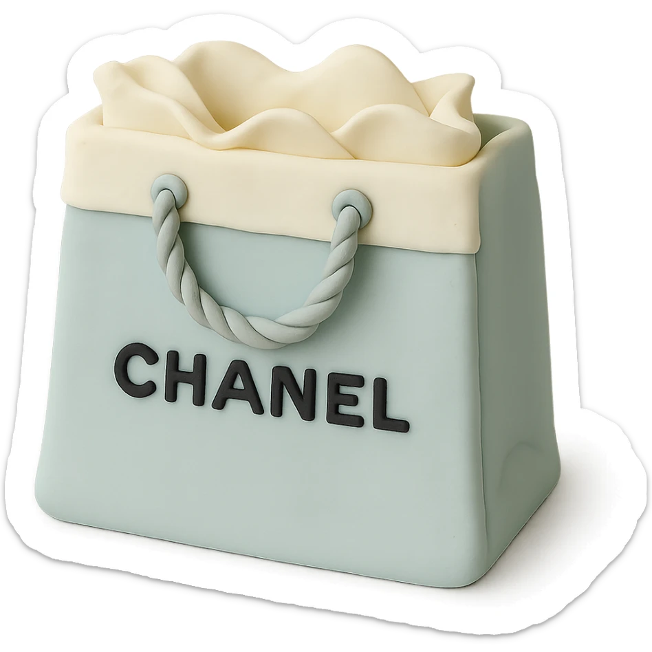 Chanel shopping bag cake in fondant cake art style, pastel blue and white sticker