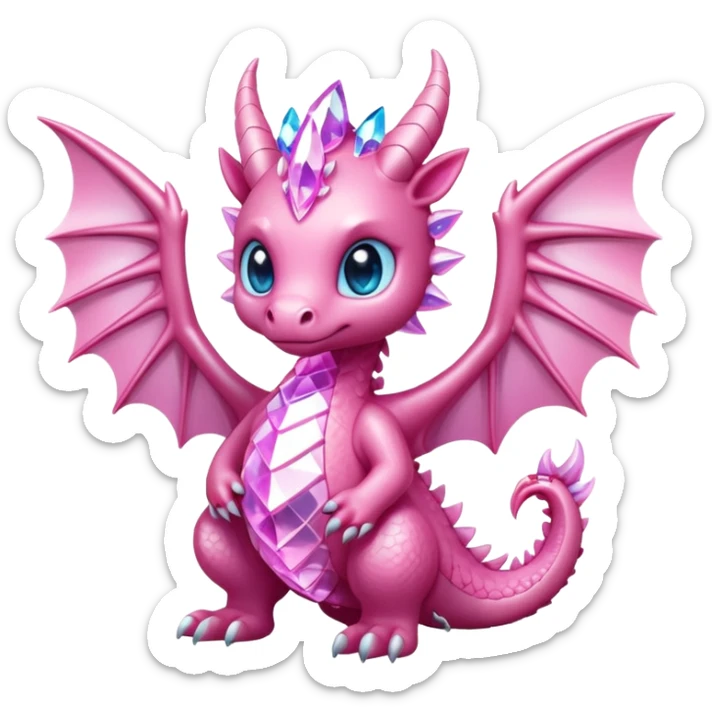 cute pink crystal dragon, body made of shiny diamond and crystal shards, glowing pastel pink light inside, big wings, sparkling eyes, kawaii epic fantasy style, bold outline, high contrast, transparent background, twitch badge sticker