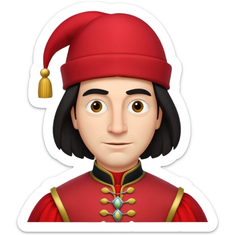 lord farquad avec un chapeau rouge plat sur le dessus, il a un vêtement rouge avec des manches bouffantes sticker