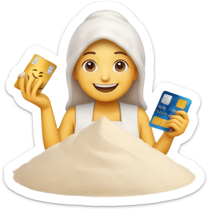 Happy emoji with credit card in hand and a pile of flour sticker