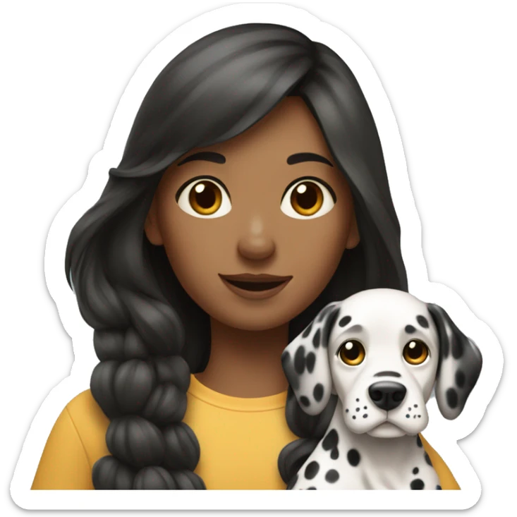 A girl with medium to long hair and holds a Dalmatian dog sticker