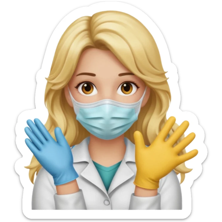 enfermera rubia con pelo largo, con mascarilla y guantes que aperezcan las dos manos sticker