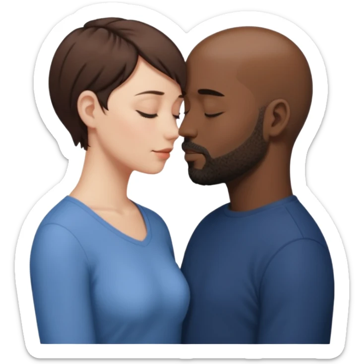 a white woman with short brown hair and a black man with no hair and a beard are facing one each other and their forehead are touching. They close their eyes and their are in love sticker
