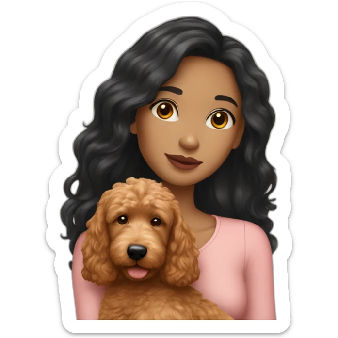 Girl with long black hair and light skin holding red goldendoodle sticker