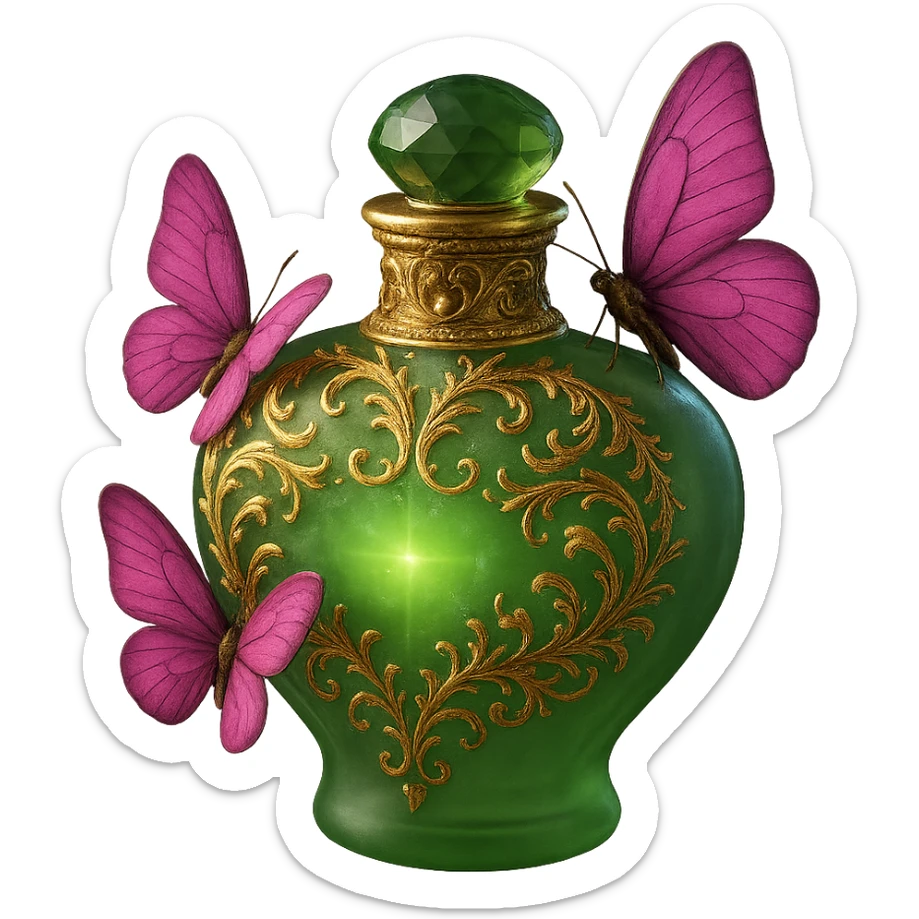 Enhance and beautify the green bottle with golden details and bright pink butterflies in matte glass style. Make the bottom of the bottle rounder and less sharp while maintaining elegance and intricate details. sticker