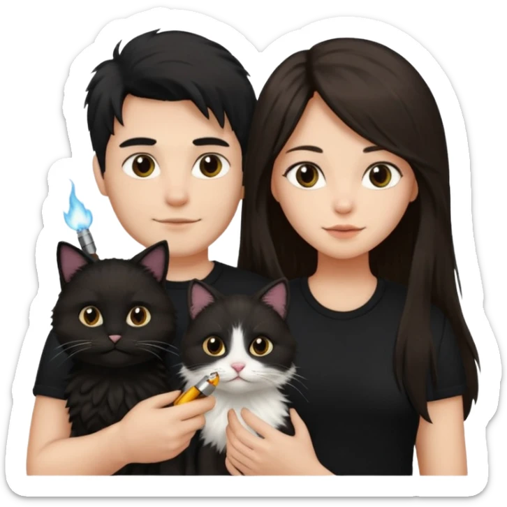 The man is wearing a black shirt and the women is wearing a black top and has longer hair. The cats fur  is lighter  sticker