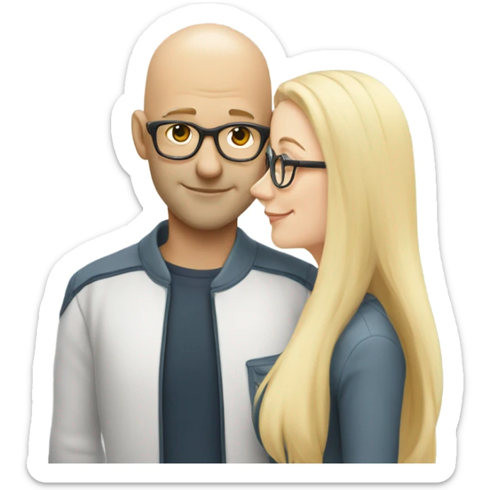 Clean shaven white Bald man wearing glasses kissing a white blonde woman with long hair sticker