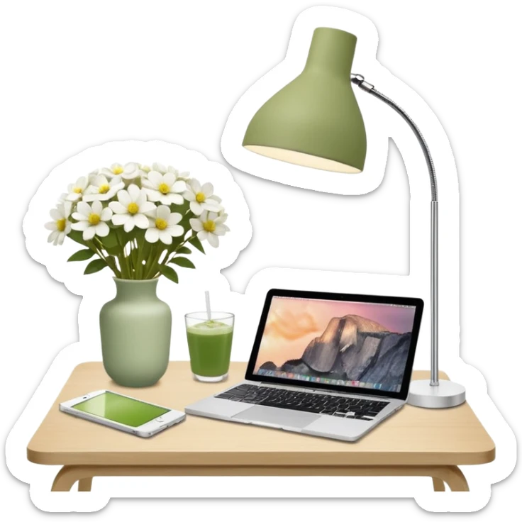 realistic macbook computer, fashion/interior magazines, flowers in a little vase, louis poulsen portable lamp with a dimmed cozy light and a iced matcha. very scandinavian aesthetic sticker