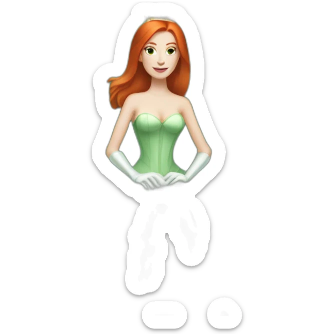 white skin redhead queen with straight hair wearing white gloves on her throne, wearing a green dress sticker