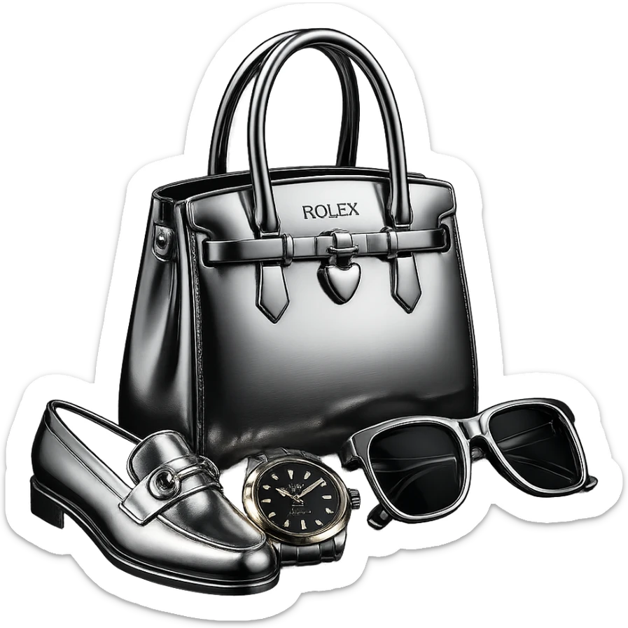 Make the shoes and the bag white and black chrome, keep the watch black and gold chrome, and the glasses black and gold chrome. All items should be in 3D chrome style, highly reflective and metallic, no background. sticker