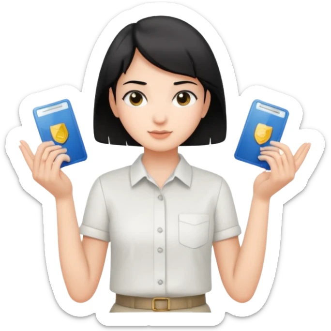 A young guide with short black hair and fair skin is wearing a white shirt, showcasing her license with both hands, which is horizontal. sticker