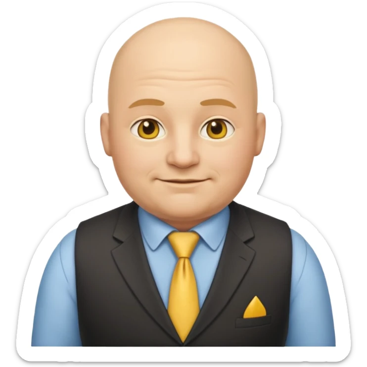 bald, fat European boss emoji with gentle smile, yellow tie, and vest sticker