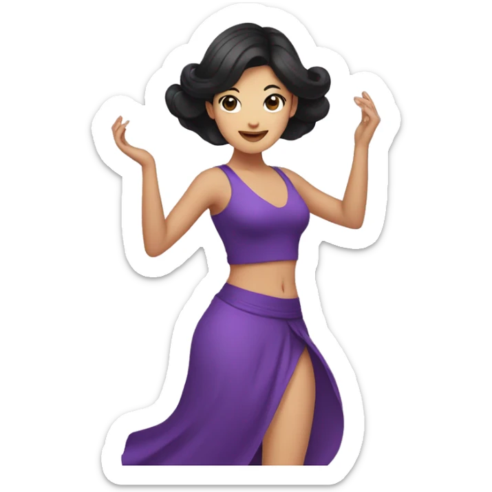 illustrated logo, kawai woman, dancing, purple clothing, black hair, bright eyes sticker